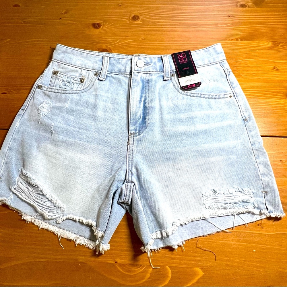 NO BO High Rise Destructed Midi Shorts Blue Size 5 NWT